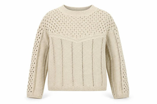 Front view of Vero Moda Women Beige Open Knit Cotton Jumper, size S