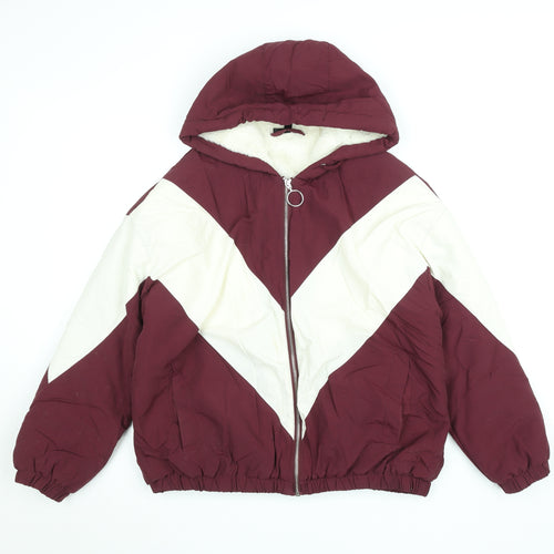 Topshop Women Burgundy White Puffer Jacket Size 12 Hooded Winter Coat