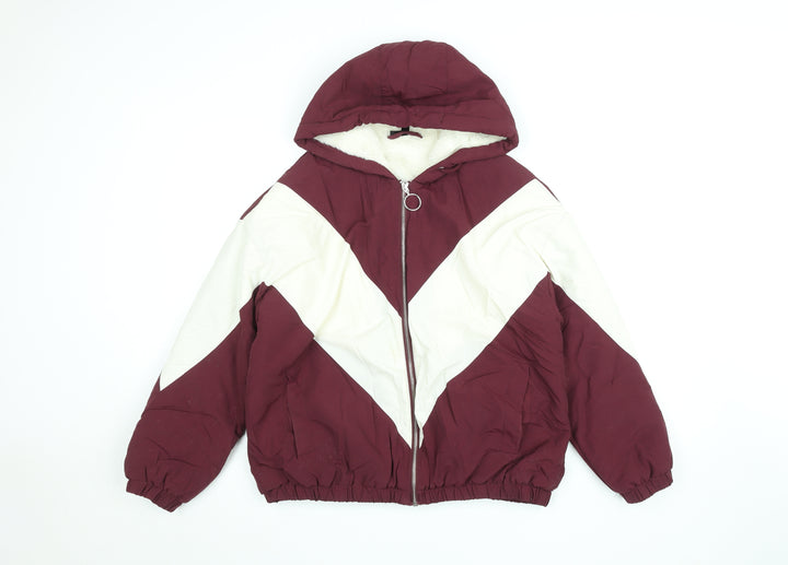 Topshop Women Burgundy White Puffer Jacket Size 12 Hooded Winter Coat