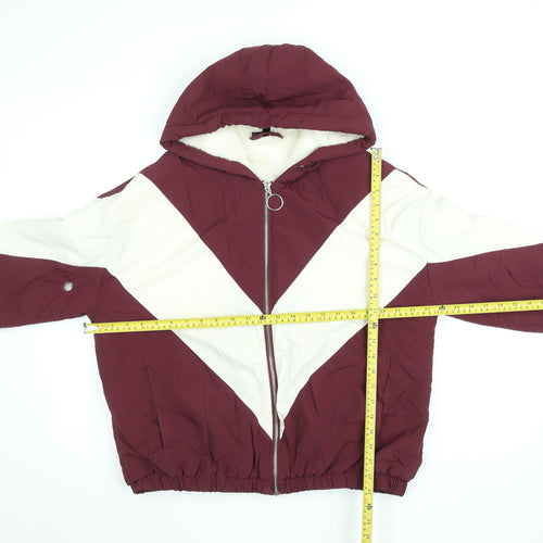 Topshop Women Burgundy White Puffer Jacket Size 12 Hooded Winter Coat