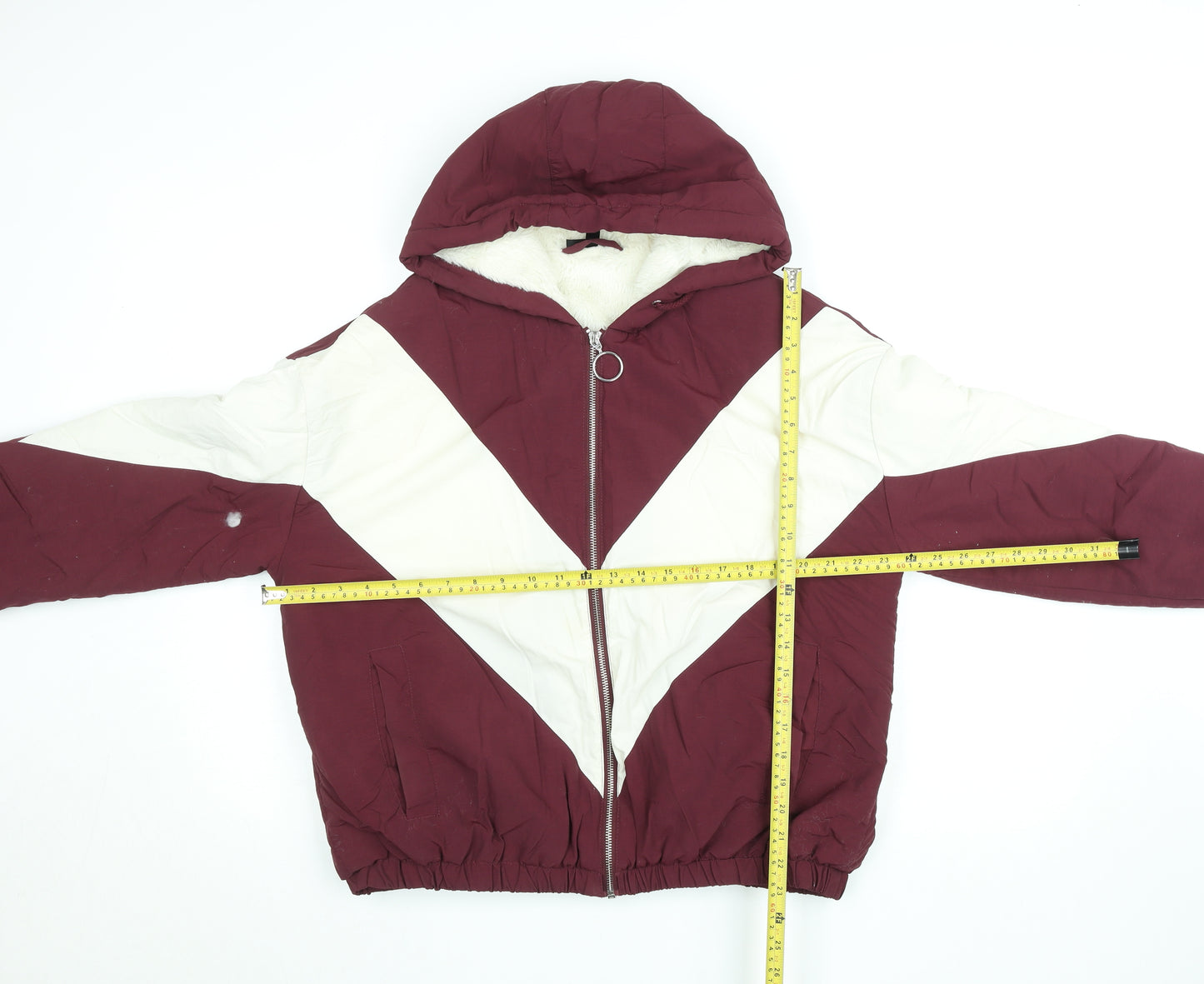 Topshop Women Burgundy White Puffer Jacket Size 12 Hooded Winter Coat