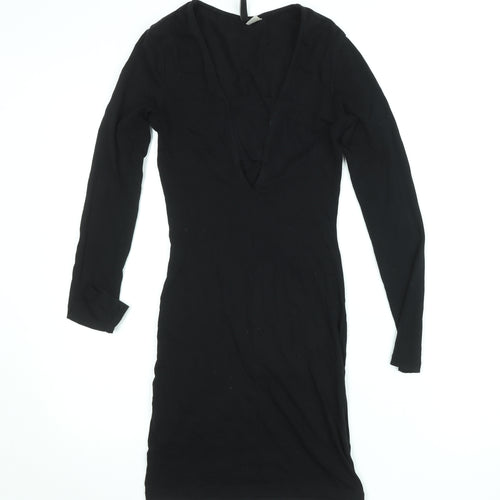 H&M Women Black Bodycon Short Dress Size 6 V-Neck Long Sleeve