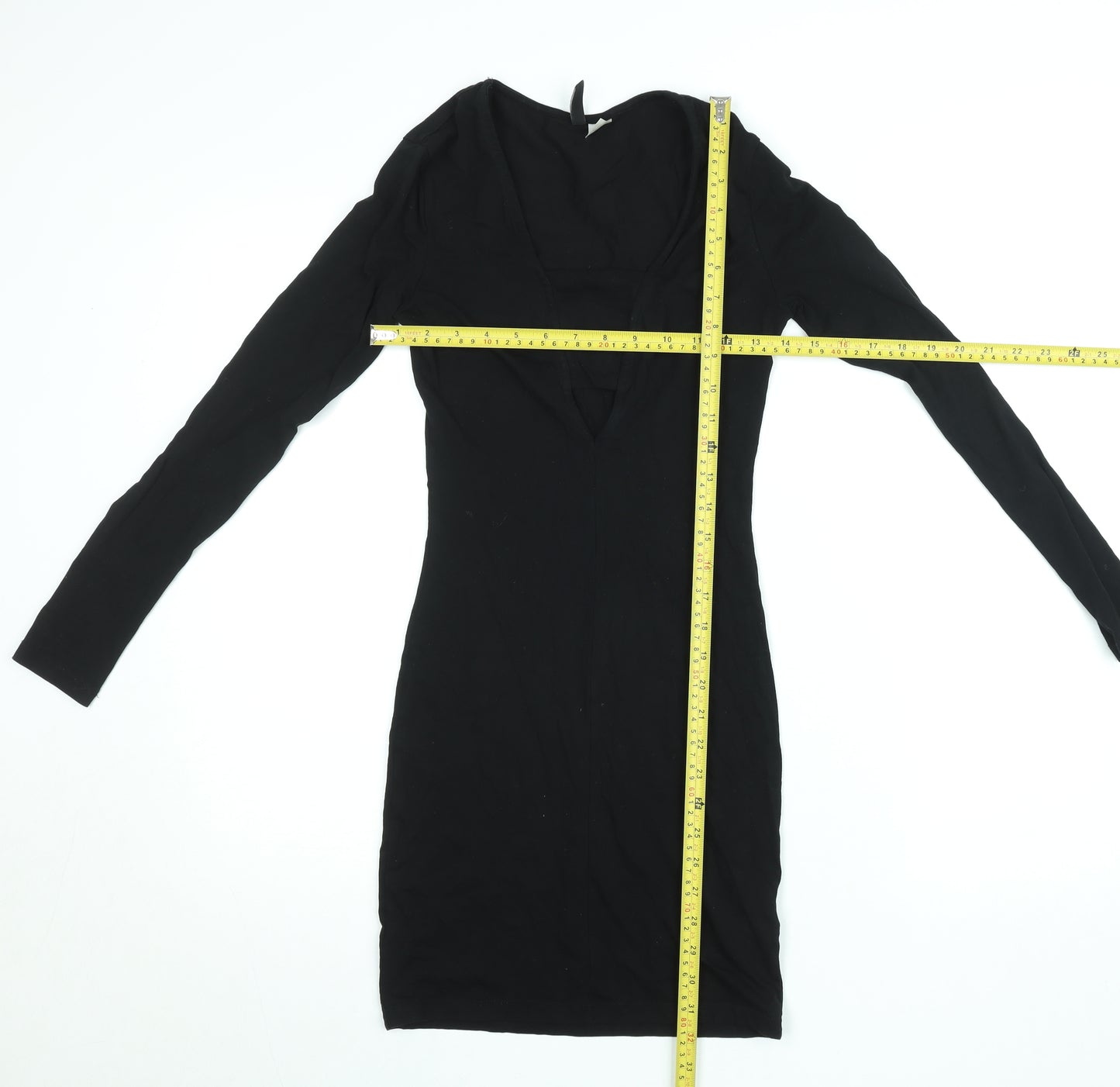 H&M Women Black Bodycon Short Dress Size 6 V-Neck Long Sleeve