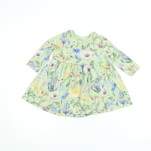 Next Girls Green Floral Cotton A-Line Dress 12-18 Months Long Sleeve