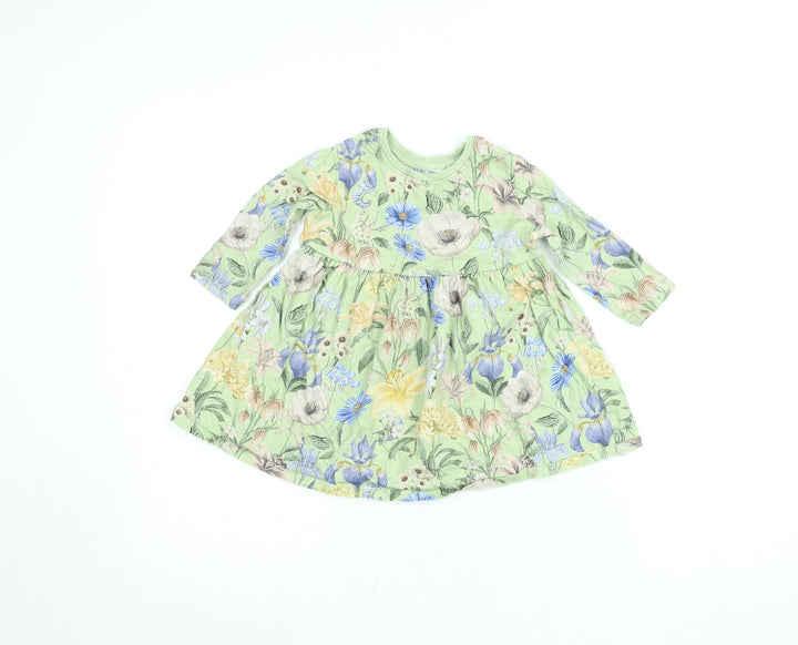 Next Girls Green Floral Cotton A-Line Dress 12-18 Months Long Sleeve