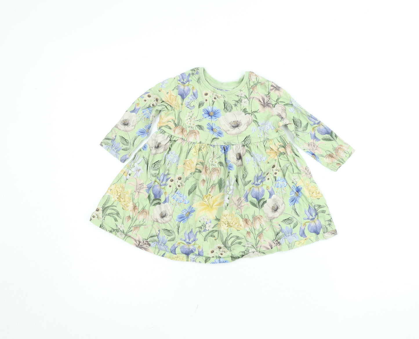 Next Girls Green Floral Cotton A-Line Dress 12-18 Months Long Sleeve