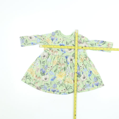 Next Girls Green Floral Cotton A-Line Dress 12-18 Months Long Sleeve