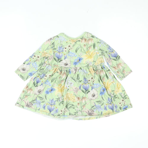 Next Girls Green Floral Cotton A-Line Dress 12-18 Months Long Sleeve