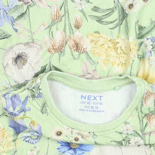 Next Girls Green Floral Cotton A-Line Dress 12-18 Months Long Sleeve