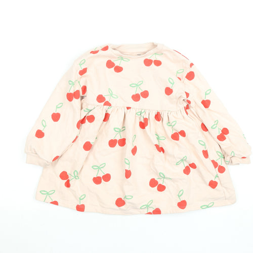Marks and Spencer Girls Beige Cherry Print Long Sleeve Skater Dress 2-3 Years