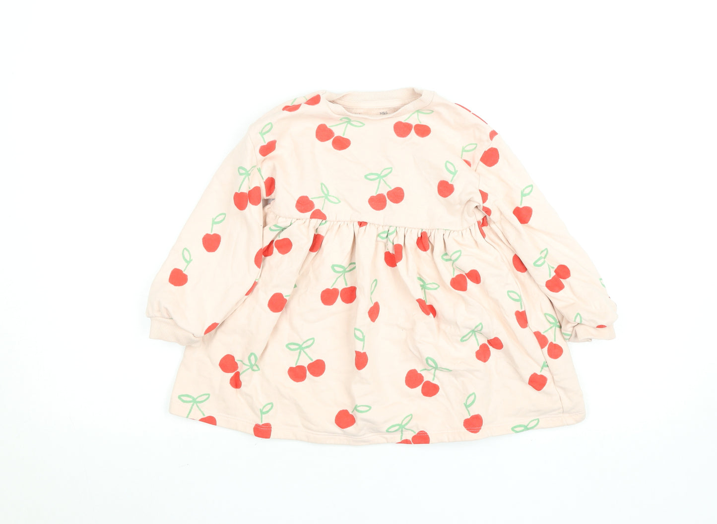 Marks and Spencer Girls Beige Cherry Print Long Sleeve Skater Dress 2-3 Years