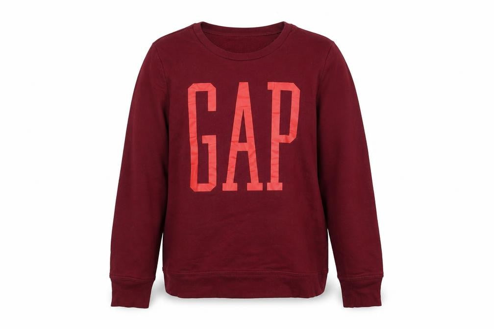 Front view of Gap women’s burgundy logo pullover sweatshirt, size S
