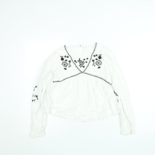 Mango Girls White Embroidered Bohemian Cotton Long Sleeve Blouse 12 Years
