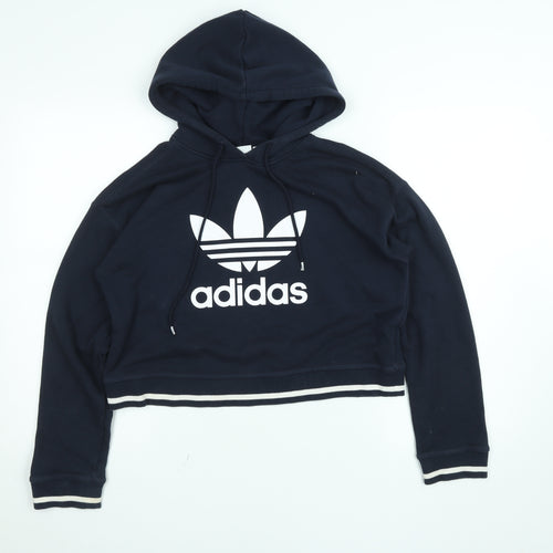 Adidas Women Navy Blue Cropped Hoodie Size 8 Cotton Blend Logo