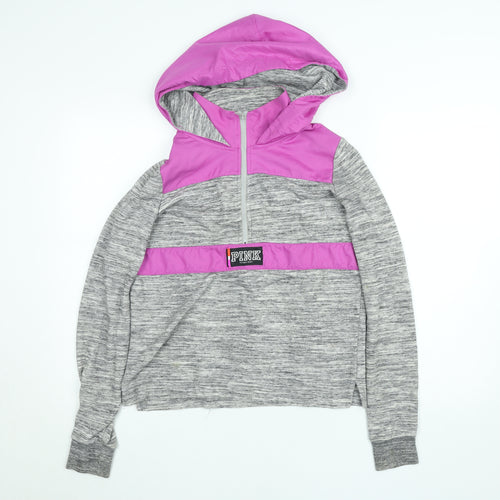 Victoria's Secret PINK Women's Grey & Pink 1/4 Zip Hooded Sweatshirt XS