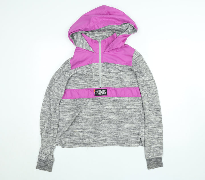 Victoria's Secret PINK Women's Grey & Pink 1/4 Zip Hooded Sweatshirt XS
