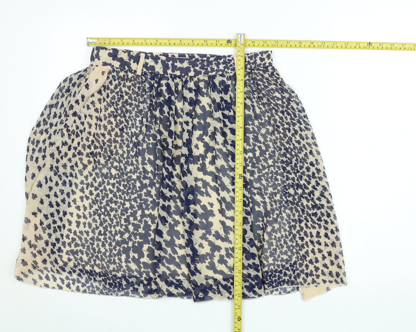 Parisian Collection Women Cream with Blue Floral Chiffon A-Line Skirt Size 12