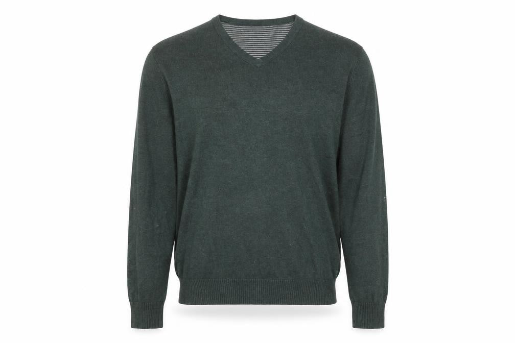 Front view of Mark Law Men's Green Cotton V-Neck Jumper, size M