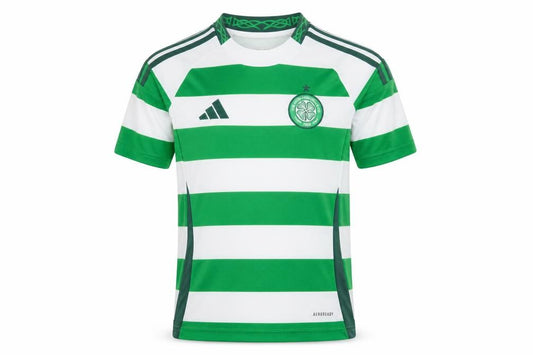 Front view of Adidas boys’ green white striped slim fit football jersey, size 22