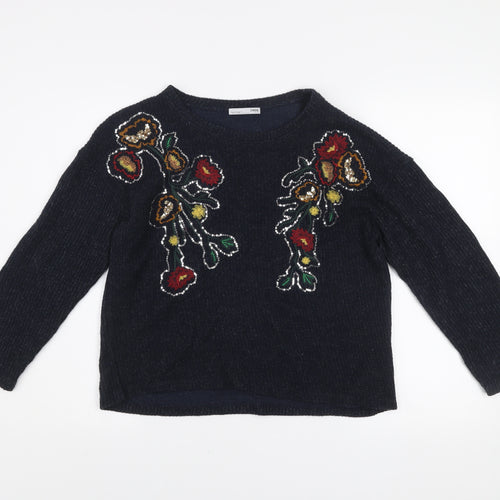 Zara Women’s Black Floral Embroidered Sequin Knit Jumper Size S
