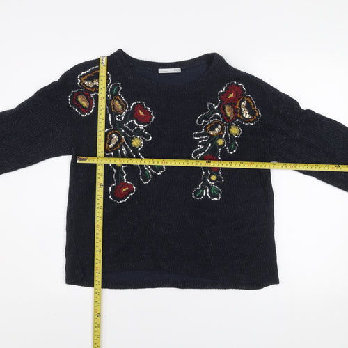 Zara Women’s Black Floral Embroidered Sequin Knit Jumper Size S