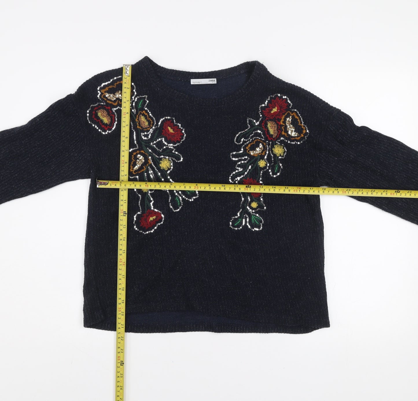 Zara Women’s Black Floral Embroidered Sequin Knit Jumper Size S