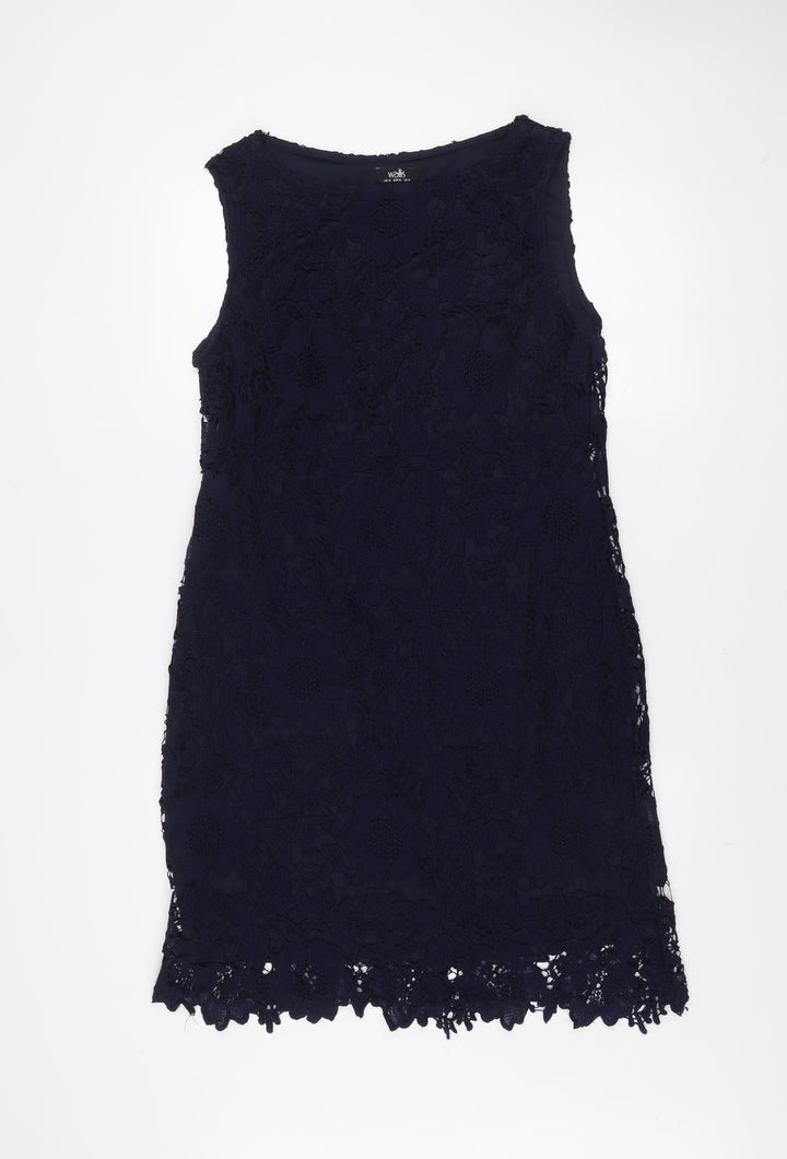 Wallis Women's Blue Lace Shift Dress Size 14 Sleeveless Knee Length