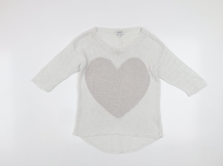 Next Women’s White Cotton Knit Heart Pullover Jumper Size 12