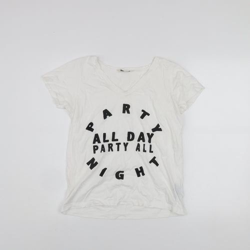 Miss Selfridge Women's White V-Neck Party Print Cotton T-Shirt Size 6