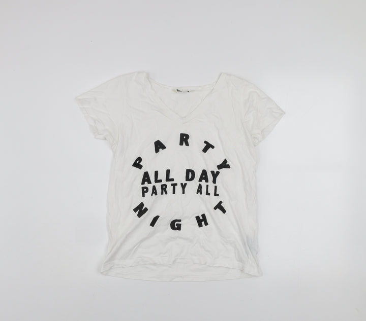 Miss Selfridge Women's White V-Neck Party Print Cotton T-Shirt Size 6
