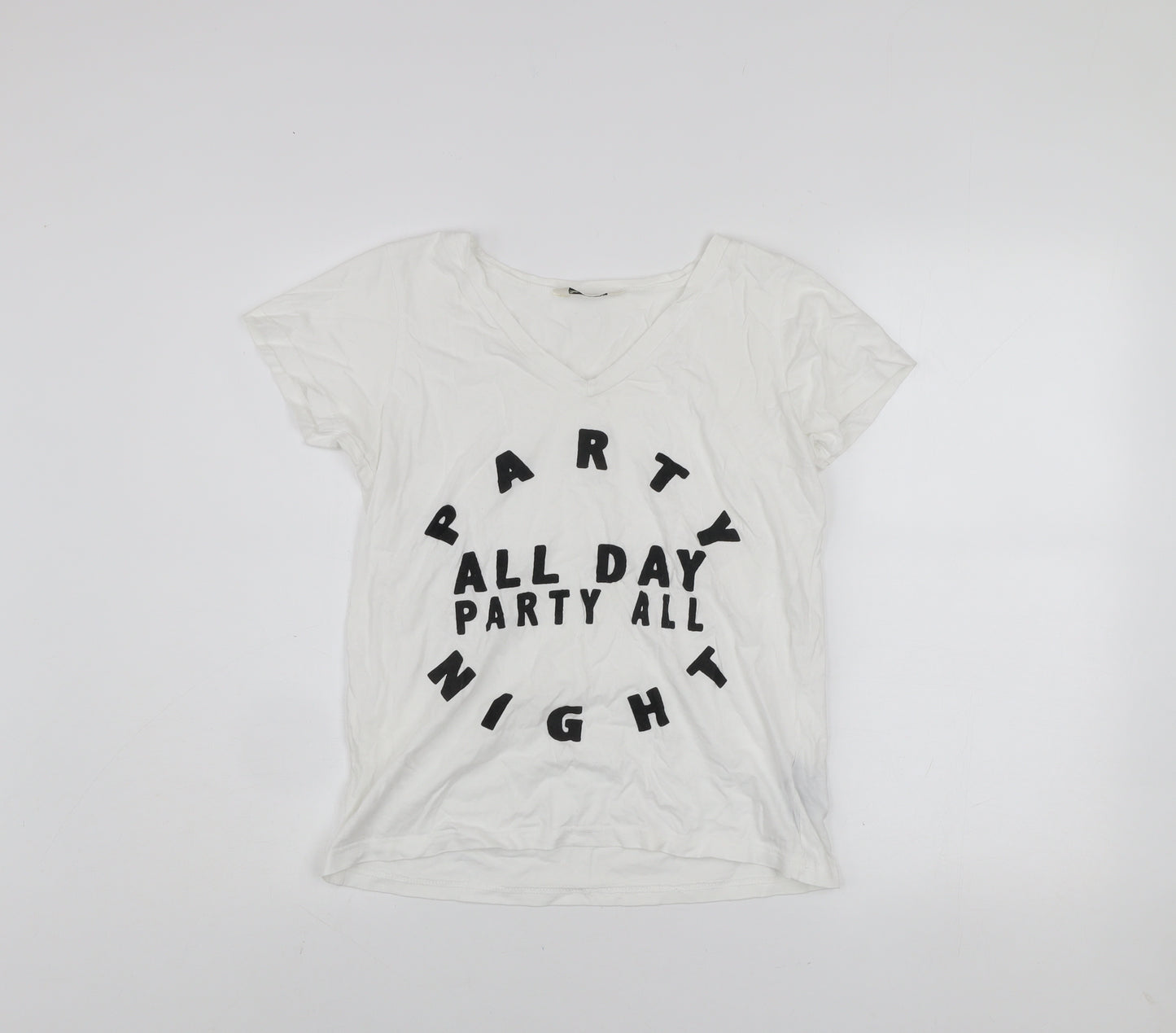 Miss Selfridge Women's White V-Neck Party Print Cotton T-Shirt Size 6