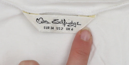 Miss Selfridge Women's White V-Neck Party Print Cotton T-Shirt Size 6