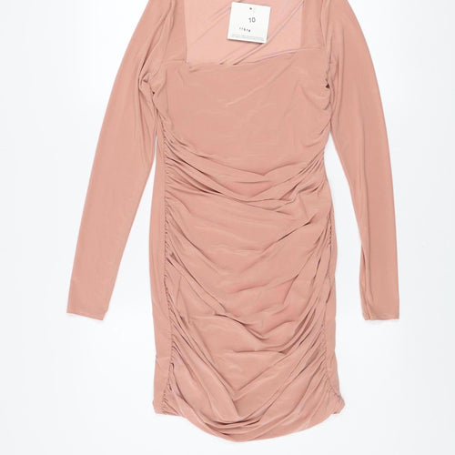 Premier Glam Women’s Beige Ruched Bodycon Dress Size 10 Long Sleeve Party