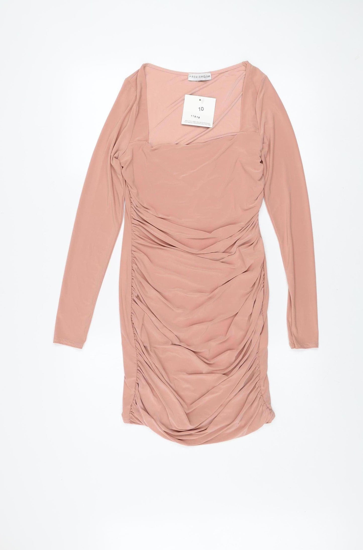 Premier Glam Women’s Beige Ruched Bodycon Dress Size 10 Long Sleeve Party