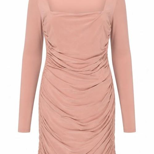 Premier Glam Women’s Beige Ruched Bodycon Dress Size 10 Long Sleeve Party