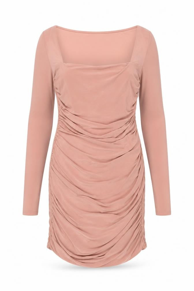 Premier Glam Women’s Beige Ruched Bodycon Dress Size 10 Long Sleeve Party