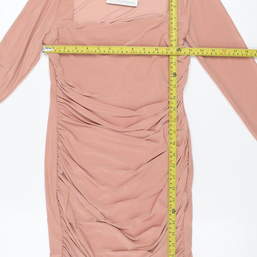 Premier Glam Women’s Beige Ruched Bodycon Dress Size 10 Long Sleeve Party