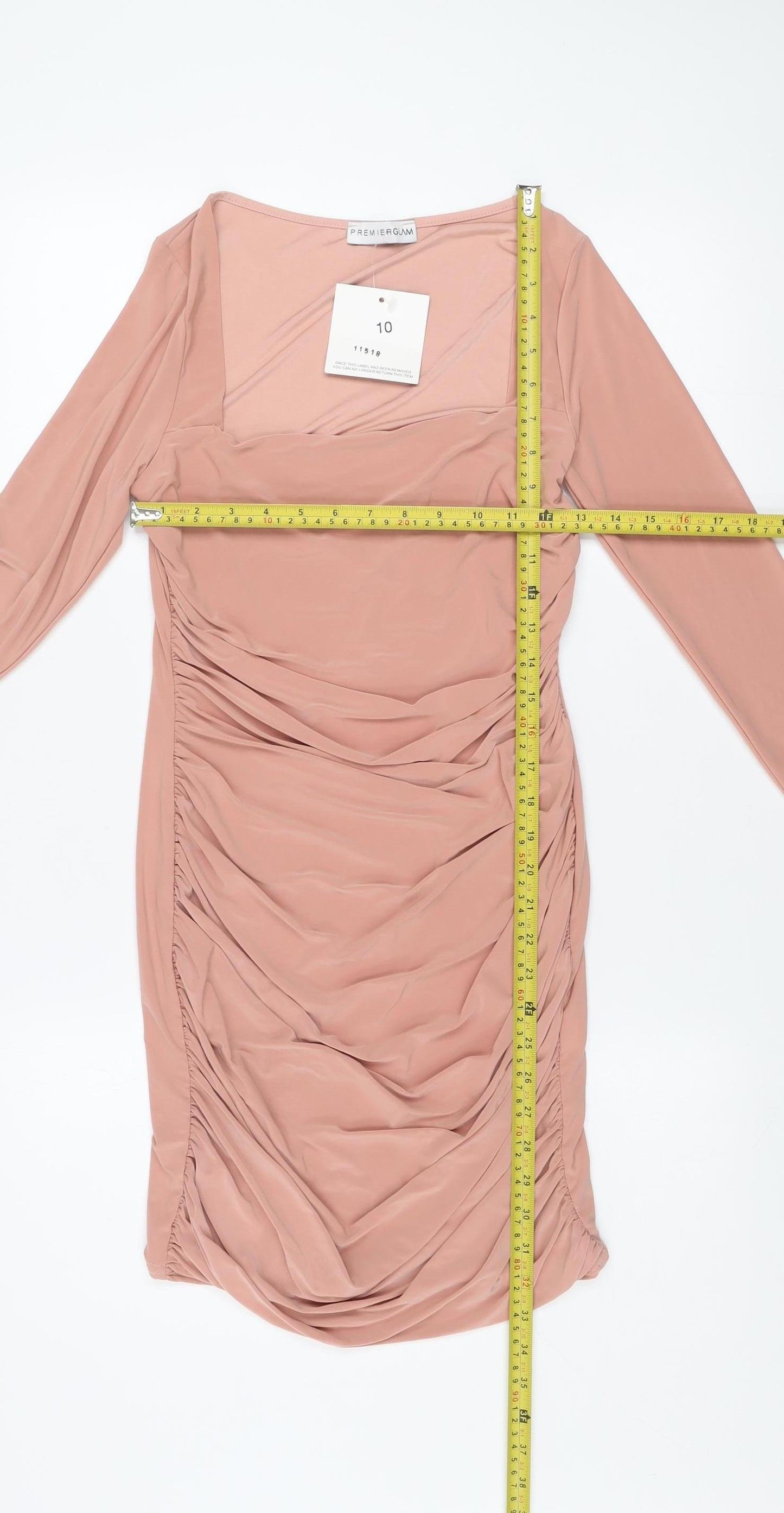 Premier Glam Women’s Beige Ruched Bodycon Dress Size 10 Long Sleeve Party