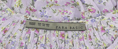 Zara Basic Women's Purple Floral Chiffon Tunic Blouse XS