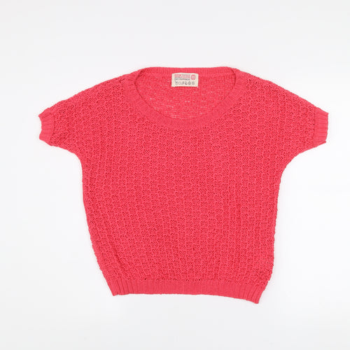 Bershka Women Pink Knit Short Sleeve Scoop Neck T-Shirt XS