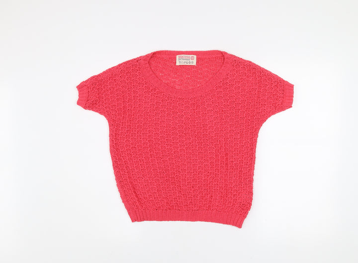 Bershka Women Pink Knit Short Sleeve Scoop Neck T-Shirt XS
