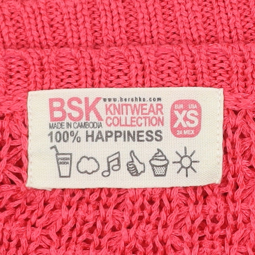 Bershka Women Pink Knit Short Sleeve Scoop Neck T-Shirt XS