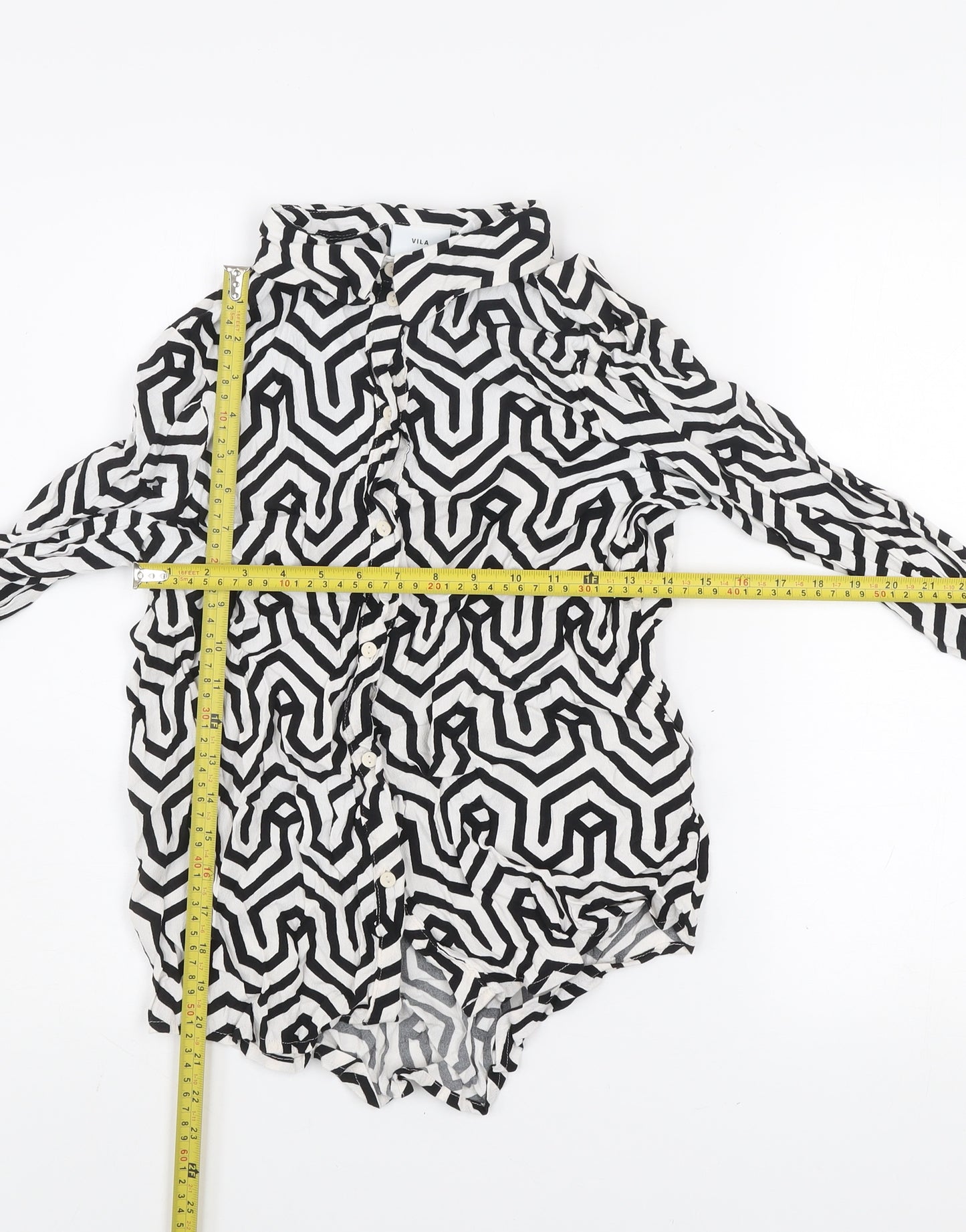 Vila Women's Black White Geometric Button-Up Long Sleeve Shirt Size 8