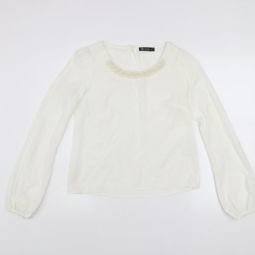 Rise Women’s Ivory Beaded Neck Long Sleeve Chiffon Blouse Size 8