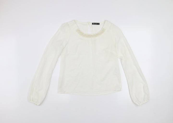 Rise Women’s Ivory Beaded Neck Long Sleeve Chiffon Blouse Size 8