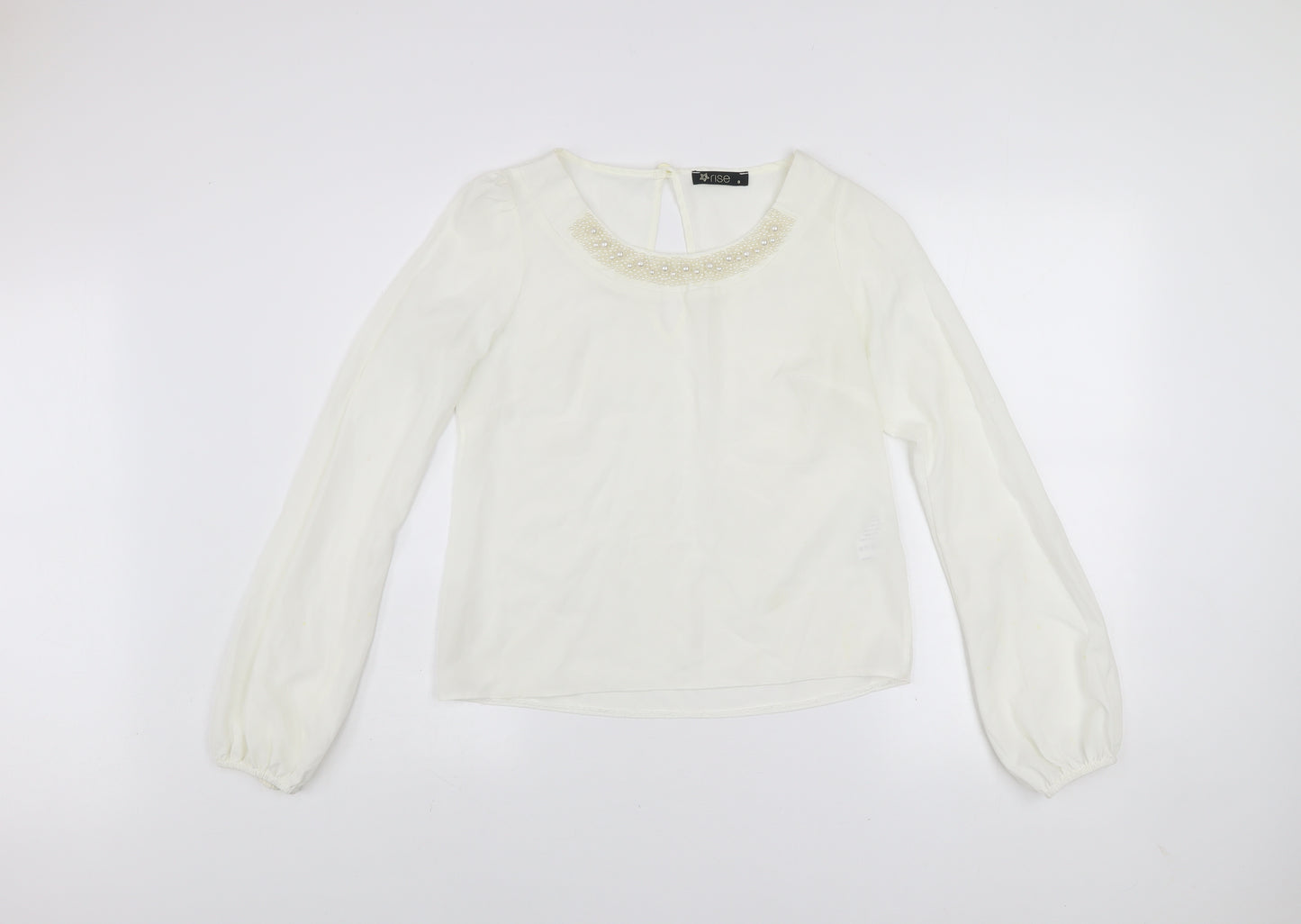 Rise Women’s Ivory Beaded Neck Long Sleeve Chiffon Blouse Size 8
