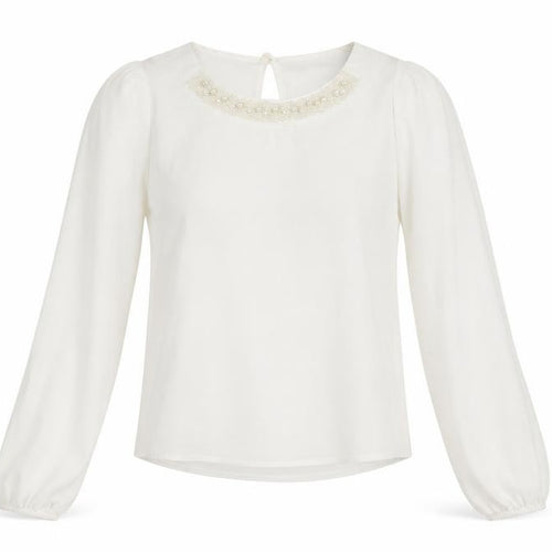 Rise Women’s Ivory Beaded Neck Long Sleeve Chiffon Blouse Size 8