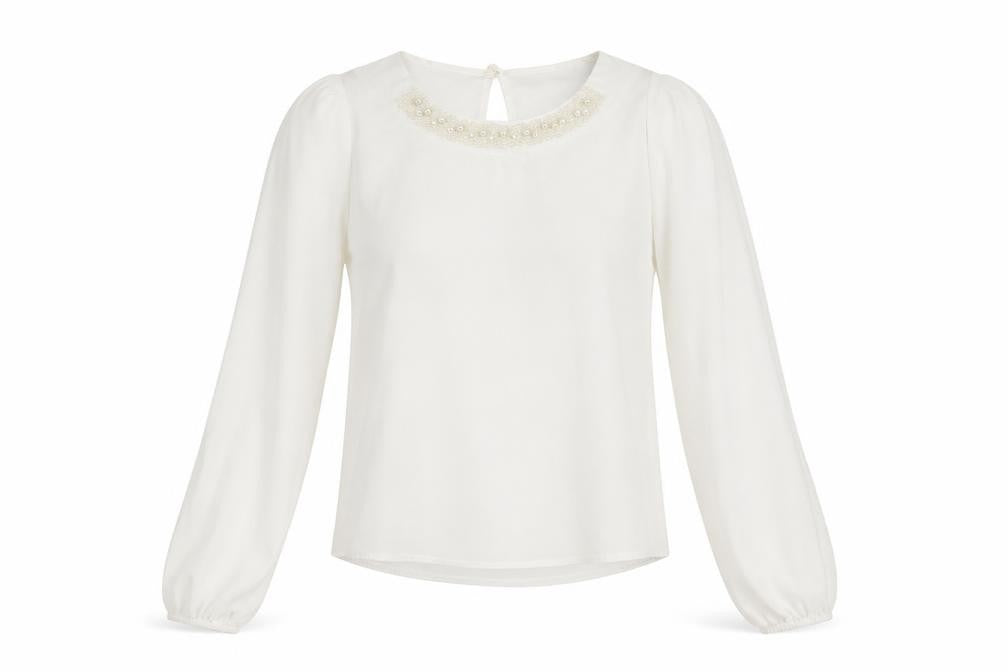 Rise Women’s Ivory Beaded Neck Long Sleeve Chiffon Blouse Size 8