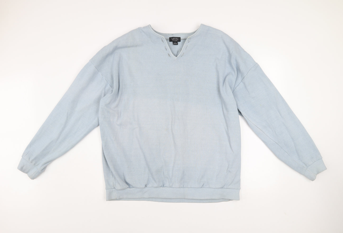 boohooMAN Men's Blue V-Neck Graphic Sweatshirt Size L Relaxed Fit
