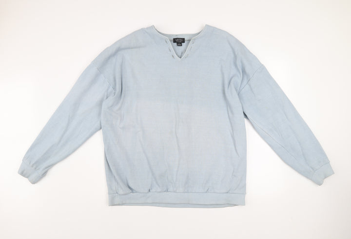 boohooMAN Men's Blue V-Neck Graphic Sweatshirt Size L Relaxed Fit